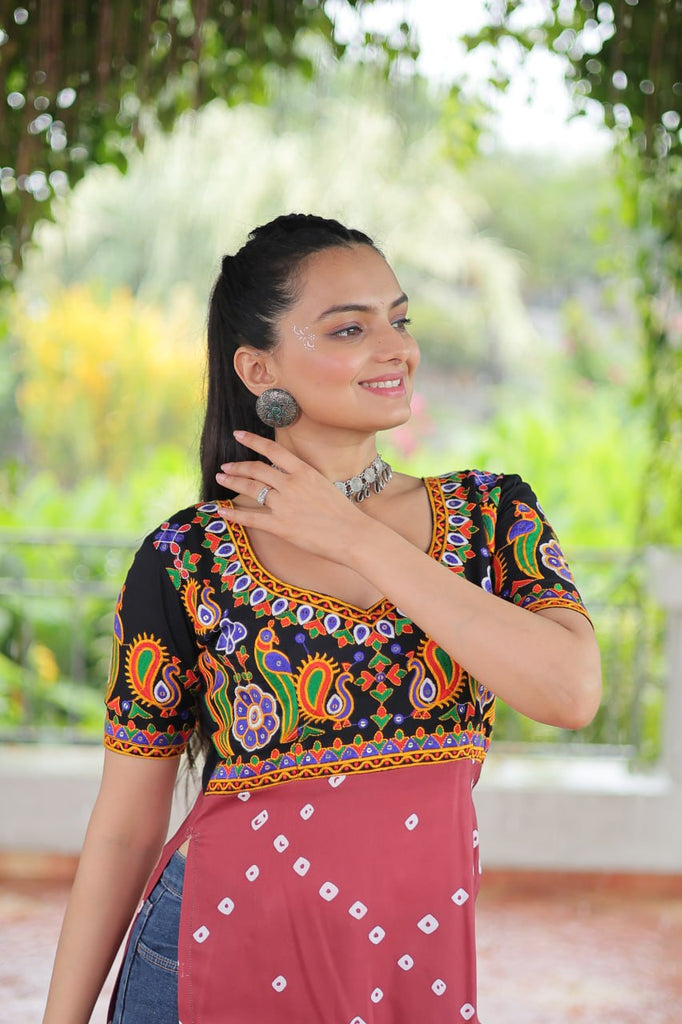 Black & Pink shade Navratri Special Printed Rayon Kurti with Kutchi Gamthi Embroidery & Pan Neck ClothsVilla