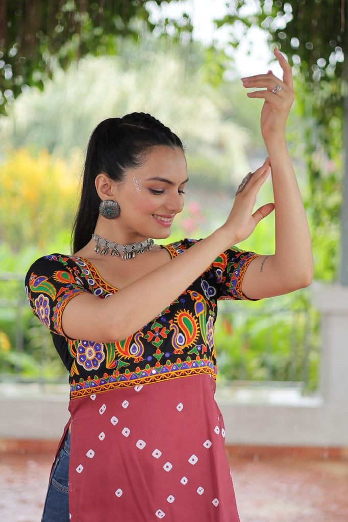 Black & Pink shade Navratri Special Printed Rayon Kurti with Kutchi Gamthi Embroidery & Pan Neck ClothsVilla