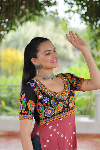 Black & Pink shade Navratri Special Printed Rayon Kurti with Kutchi Gamthi Embroidery & Pan Neck ClothsVilla