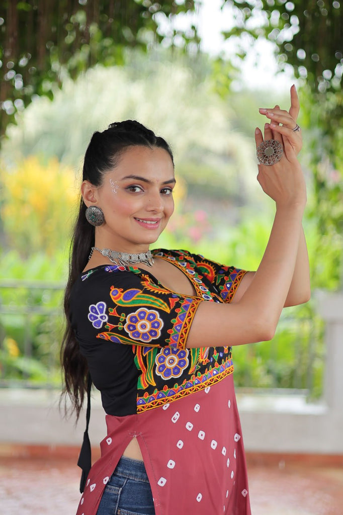 Black & Pink shade Navratri Special Printed Rayon Kurti with Kutchi Gamthi Embroidery & Pan Neck ClothsVilla