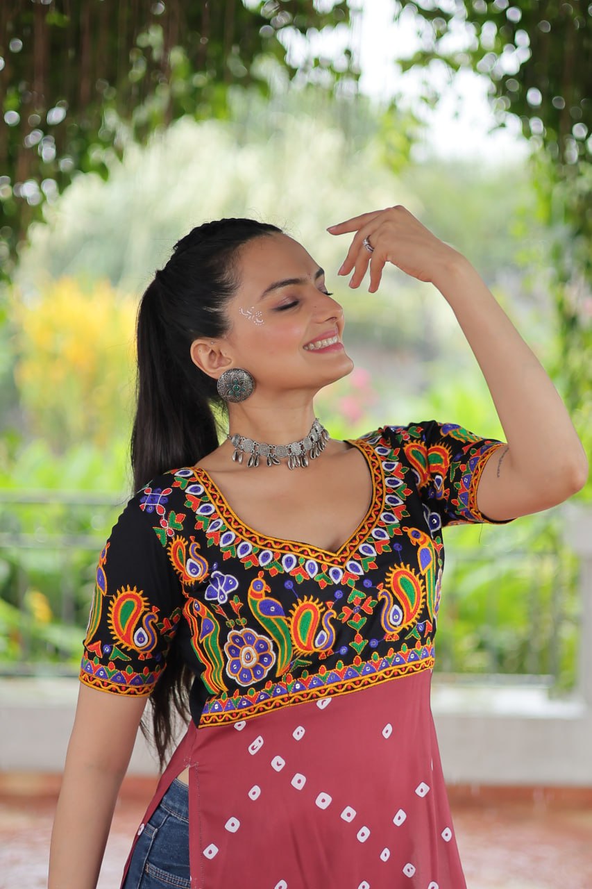 Black & Pink shade Navratri Special Printed Rayon Kurti with Kutchi Gamthi Embroidery & Pan Neck ClothsVilla