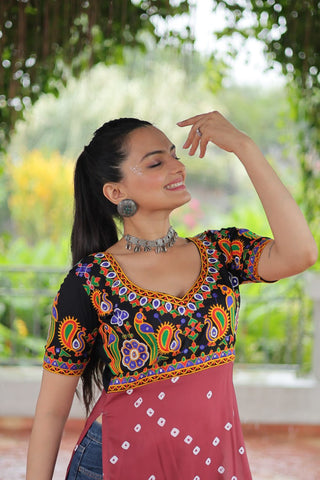 Black & Pink shade Navratri Special Printed Rayon Kurti with Kutchi Gamthi Embroidery & Pan Neck ClothsVilla