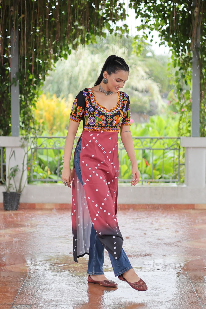 Black & Pink shade Navratri Special Printed Rayon Kurti with Kutchi Gamthi Embroidery & Pan Neck ClothsVilla