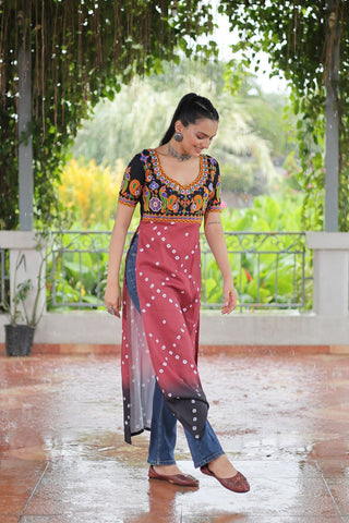 Black & Pink shade Navratri Special Printed Rayon Kurti with Kutchi Gamthi Embroidery & Pan Neck ClothsVilla