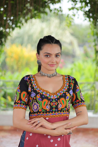 Black & Pink shade Navratri Special Printed Rayon Kurti with Kutchi Gamthi Embroidery & Pan Neck ClothsVilla