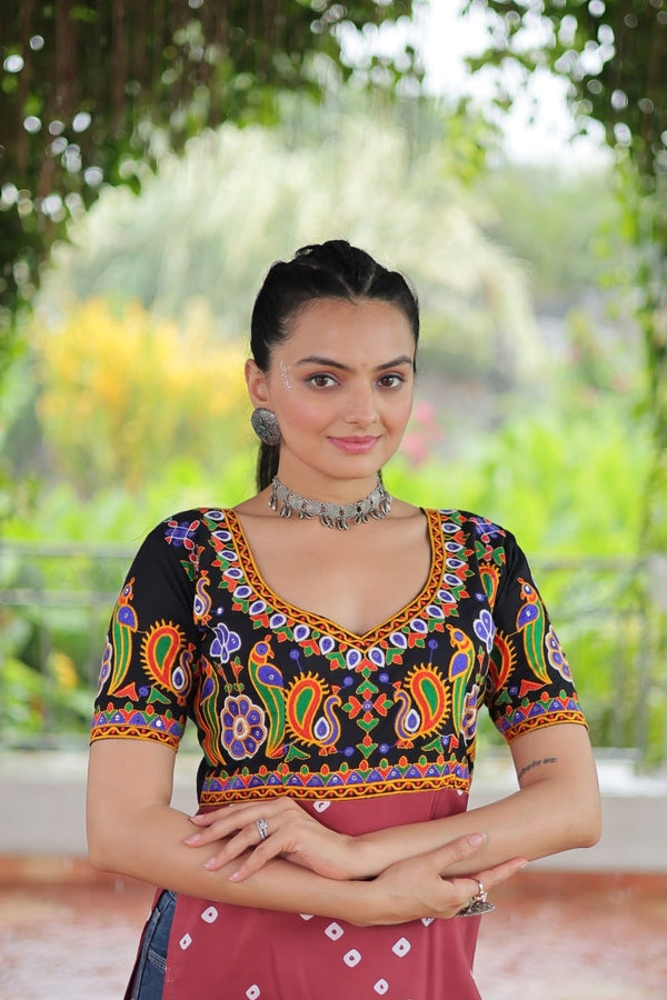 Black & Pink shade Navratri Special Printed Rayon Kurti with Kutchi Gamthi Embroidery & Pan Neck ClothsVilla