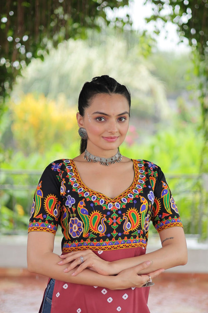 Black & Pink shade Navratri Special Printed Rayon Kurti with Kutchi Gamthi Embroidery & Pan Neck ClothsVilla