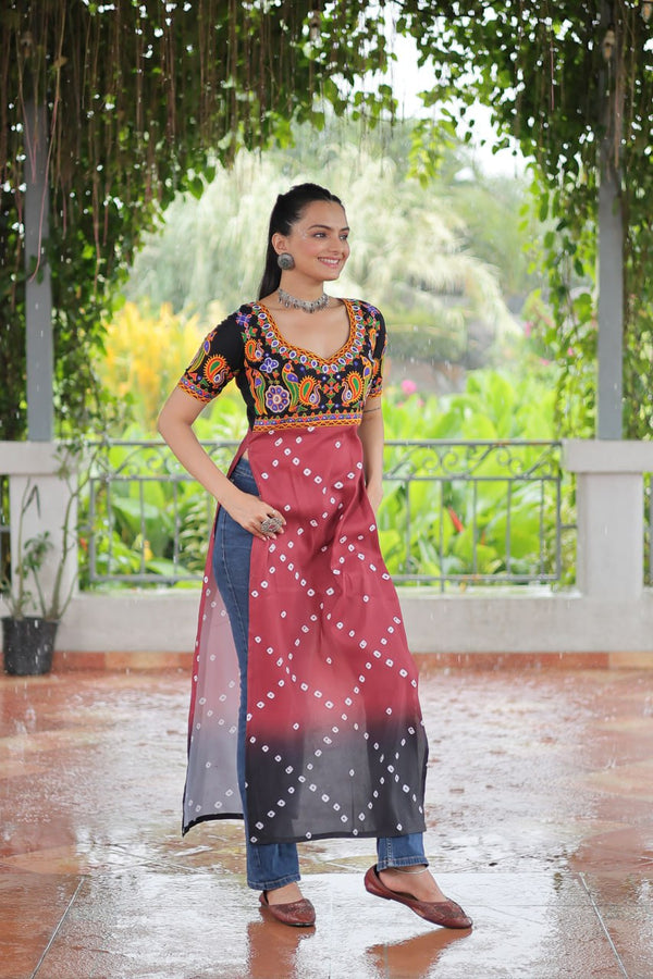 Black & Pink shade Navratri Special Printed Rayon Kurti with Kutchi Gamthi Embroidery & Pan Neck ClothsVilla