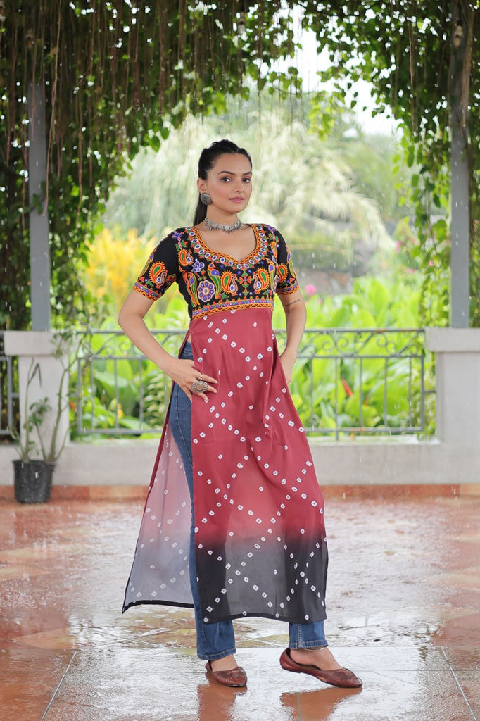 Black & Pink shade Navratri Special Printed Rayon Kurti with Kutchi Gamthi Embroidery & Pan Neck ClothsVilla