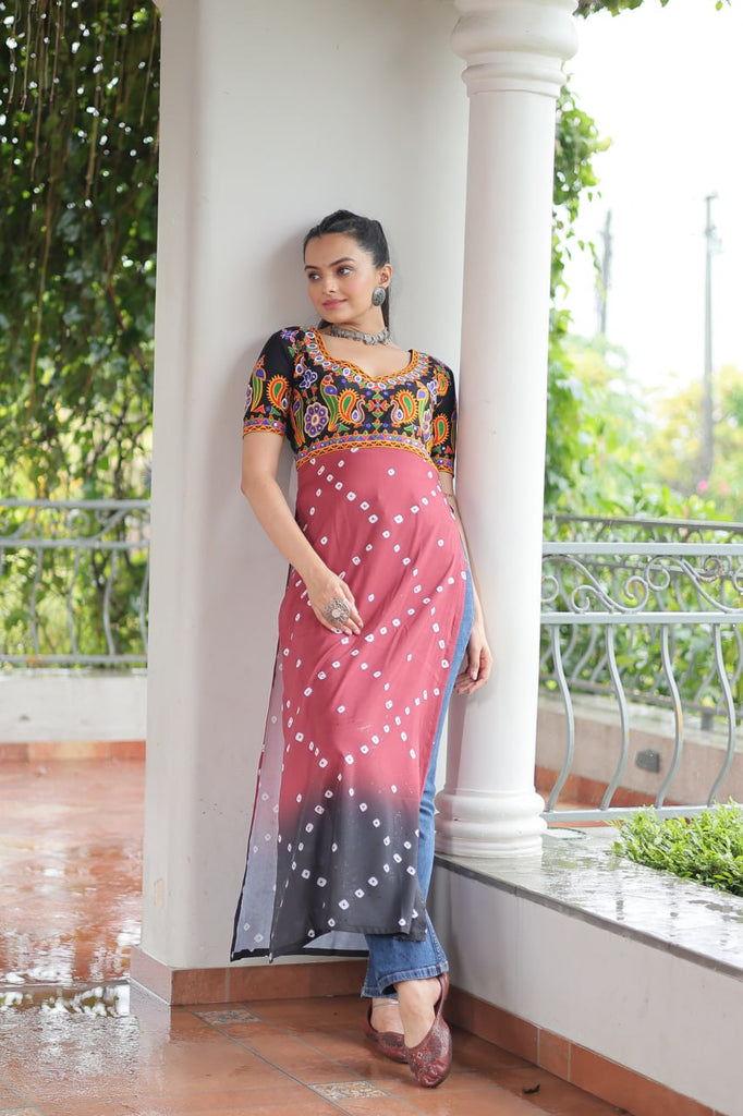 Black & Pink shade Navratri Special Printed Rayon Kurti with Kutchi Gamthi Embroidery & Pan Neck ClothsVilla