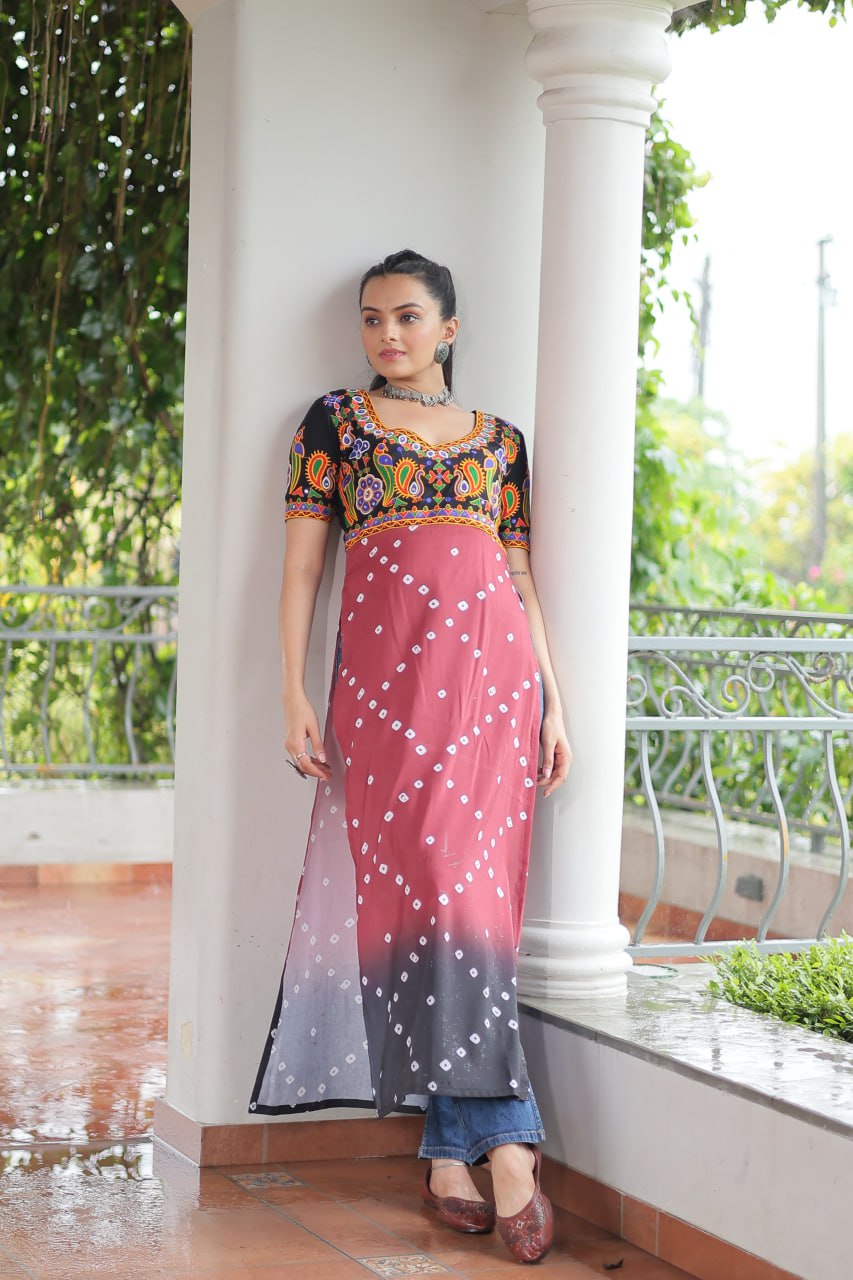 Black & Pink shade Navratri Special Printed Rayon Kurti with Kutchi Gamthi Embroidery & Pan Neck ClothsVilla