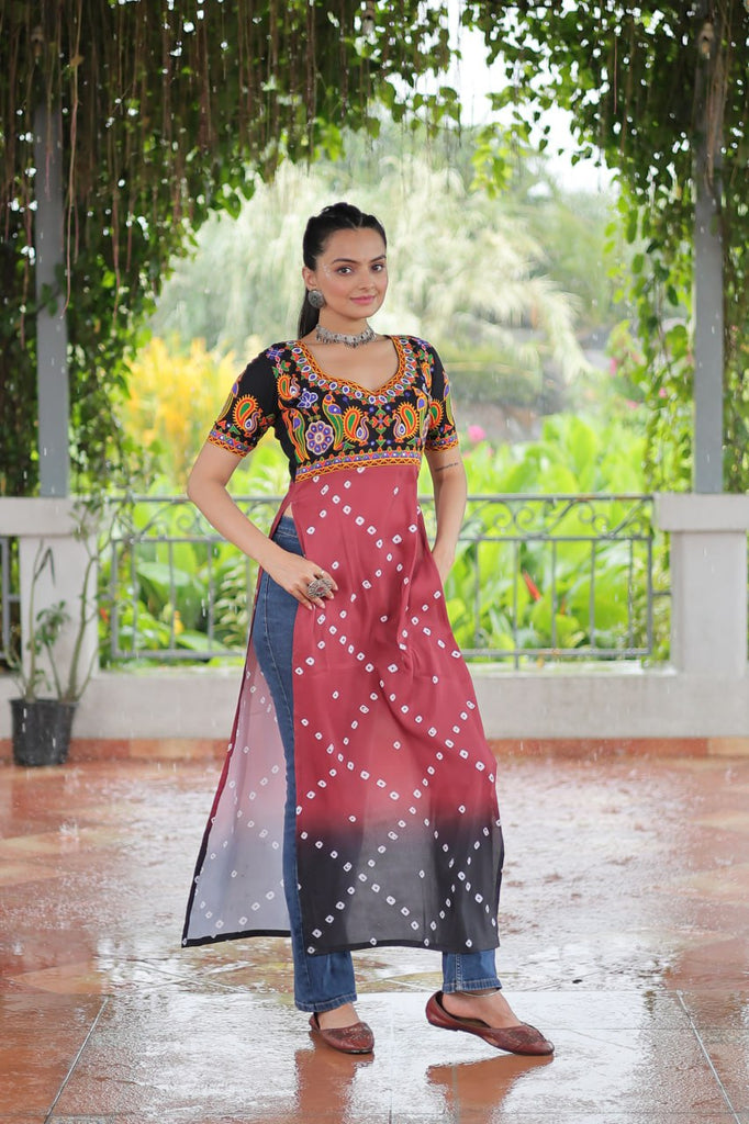 Black & Pink shade Navratri Special Printed Rayon Kurti with Kutchi Gamthi Embroidery & Pan Neck ClothsVilla
