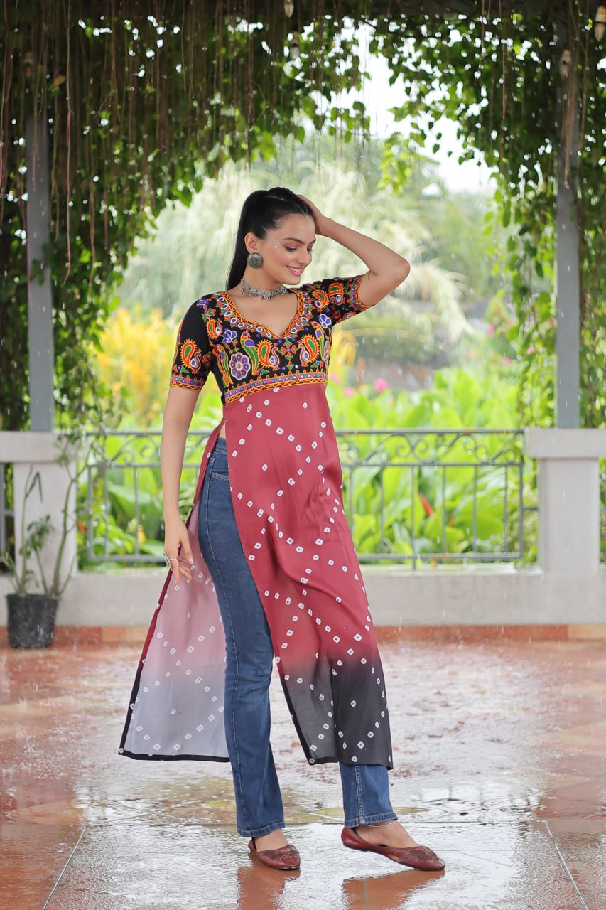 Black & Pink shade Navratri Special Printed Rayon Kurti with Kutchi Gamthi Embroidery & Pan Neck ClothsVilla