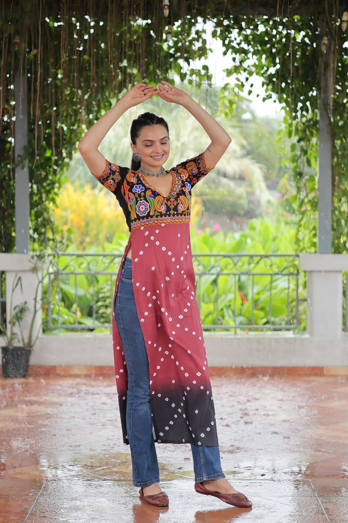 Black & Pink shade Navratri Special Printed Rayon Kurti with Kutchi Gamthi Embroidery & Pan Neck ClothsVilla