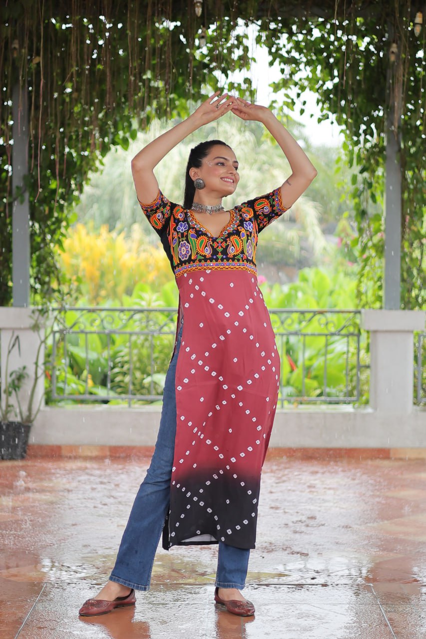 Black & Pink shade Navratri Special Printed Rayon Kurti with Kutchi Gamthi Embroidery & Pan Neck ClothsVilla