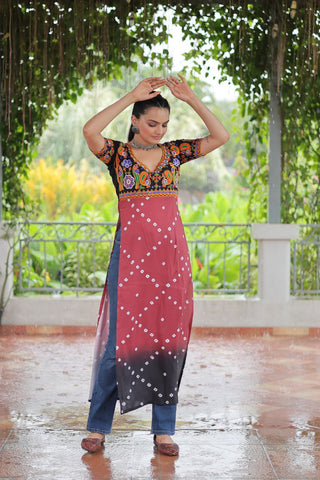 Black & Pink shade Navratri Special Printed Rayon Kurti with Kutchi Gamthi Embroidery & Pan Neck ClothsVilla