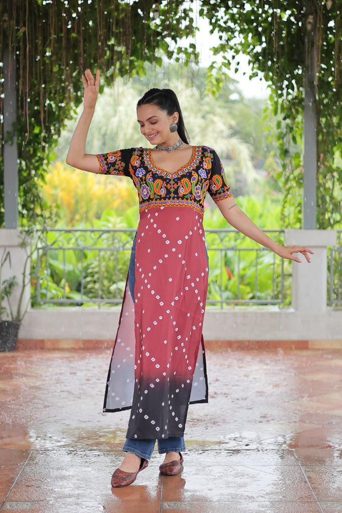Black & Pink shade Navratri Special Printed Rayon Kurti with Kutchi Gamthi Embroidery & Pan Neck ClothsVilla