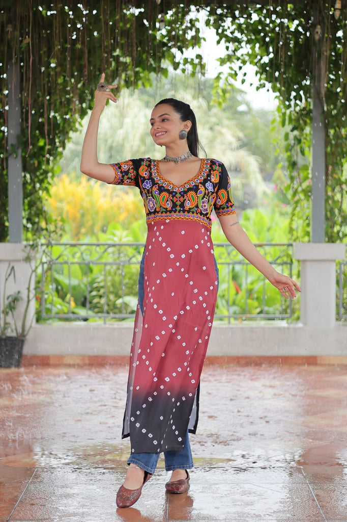Black & Pink shade Navratri Special Printed Rayon Kurti with Kutchi Gamthi Embroidery & Pan Neck ClothsVilla