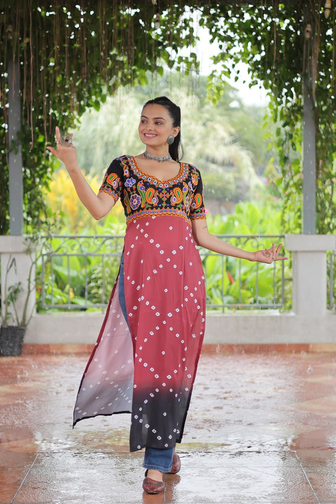 Black & Pink shade Navratri Special Printed Rayon Kurti with Kutchi Gamthi Embroidery & Pan Neck ClothsVilla