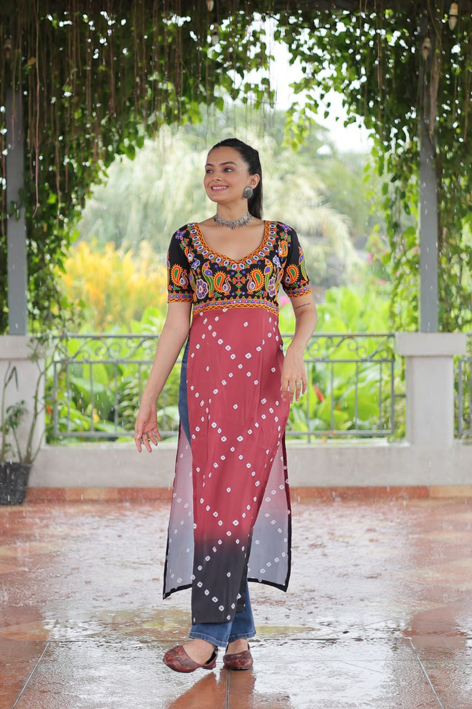 Black & Pink shade Navratri Special Printed Rayon Kurti with Kutchi Gamthi Embroidery & Pan Neck ClothsVilla