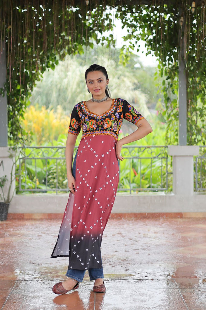 Black & Pink shade Navratri Special Printed Rayon Kurti with Kutchi Gamthi Embroidery & Pan Neck ClothsVilla