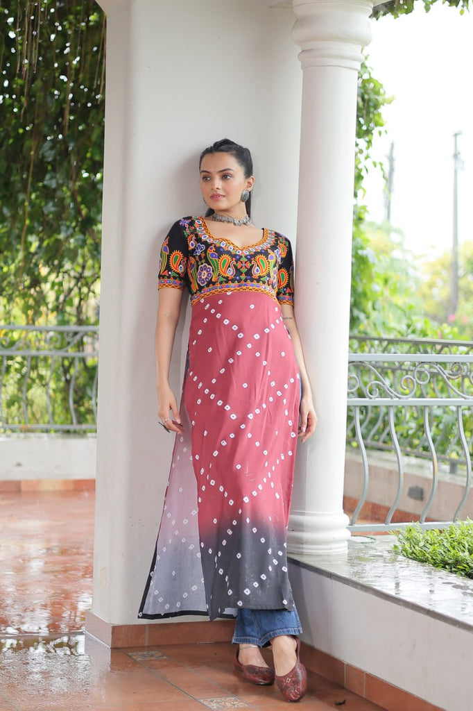 Black & Pink shade Navratri Special Printed Rayon Kurti with Kutchi Gamthi Embroidery & Pan Neck ClothsVilla