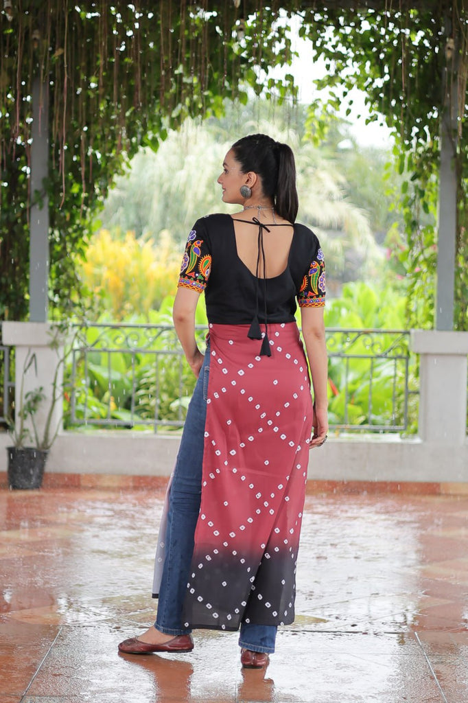 Black & Pink shade Navratri Special Printed Rayon Kurti with Kutchi Gamthi Embroidery & Pan Neck ClothsVilla