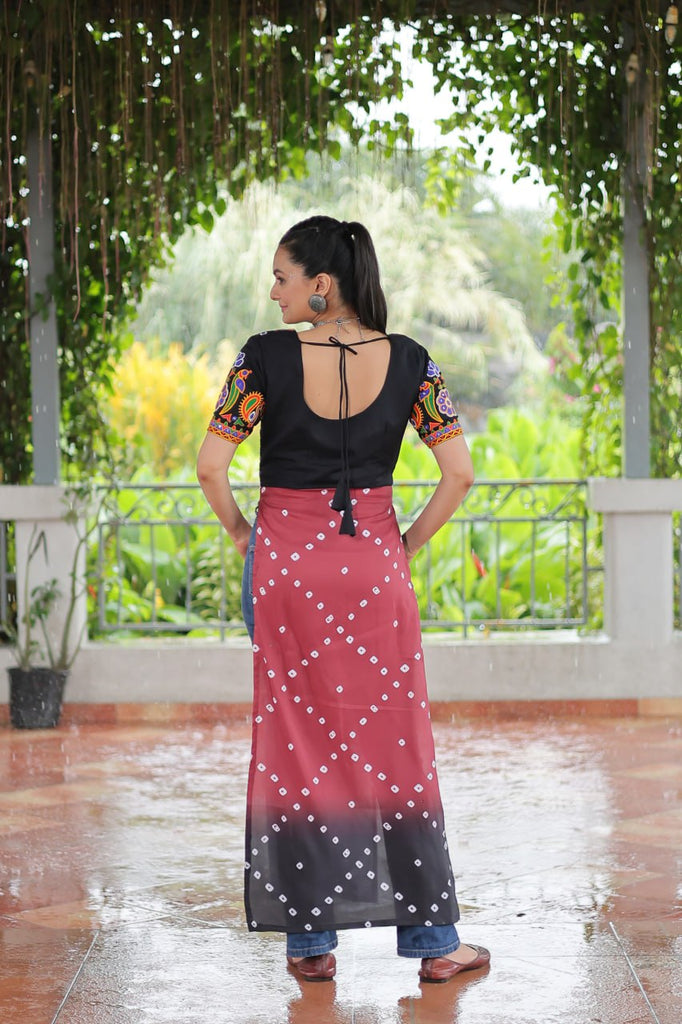 Black & Pink shade Navratri Special Printed Rayon Kurti with Kutchi Gamthi Embroidery & Pan Neck ClothsVilla