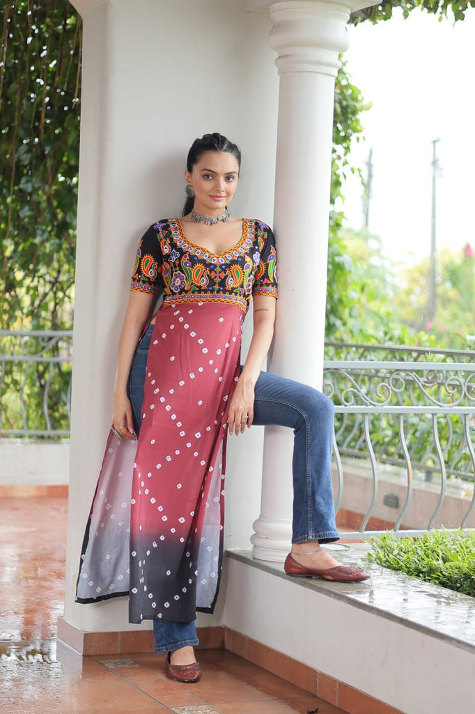 Black & Pink shade Navratri Special Printed Rayon Kurti with Kutchi Gamthi Embroidery & Pan Neck ClothsVilla