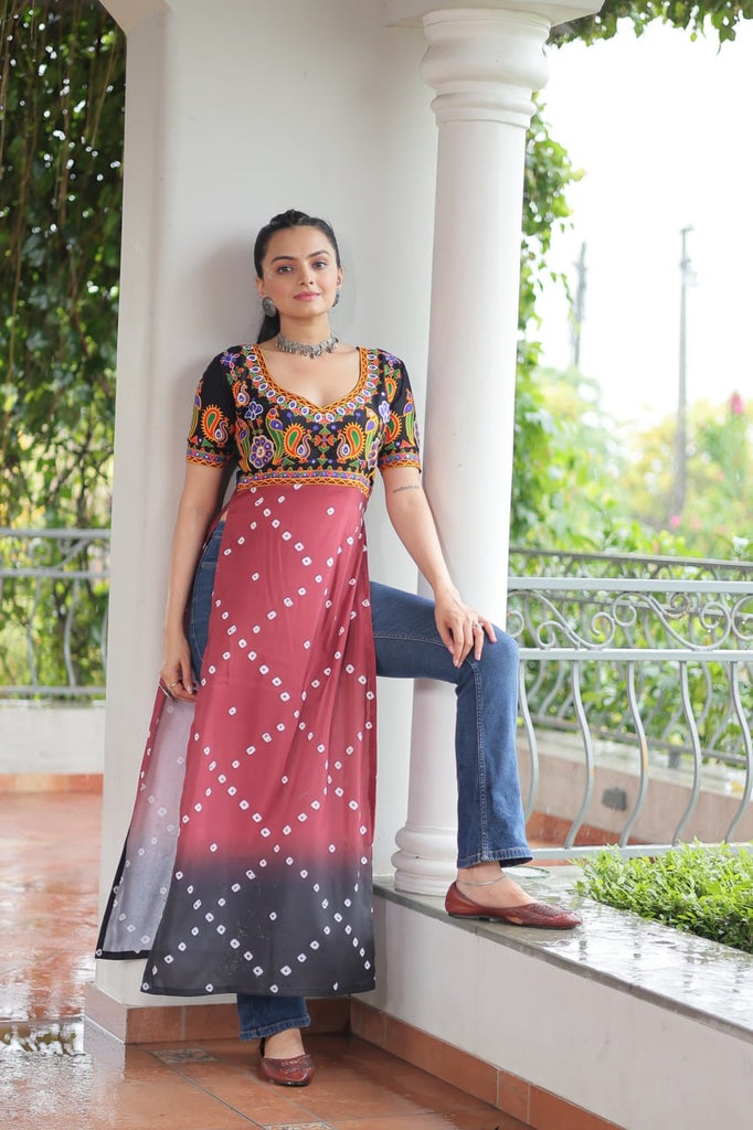Black & Pink shade Navratri Special Printed Rayon Kurti with Kutchi Gamthi Embroidery & Pan Neck ClothsVilla