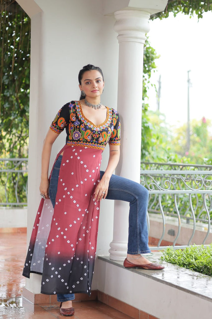 Black & Pink shade Navratri Special Printed Rayon Kurti with Kutchi Gamthi Embroidery & Pan Neck ClothsVilla