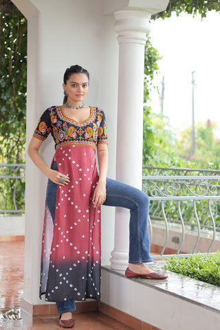 Black & Pink shade Navratri Special Printed Rayon Kurti with Kutchi Gamthi Embroidery & Pan Neck ClothsVilla