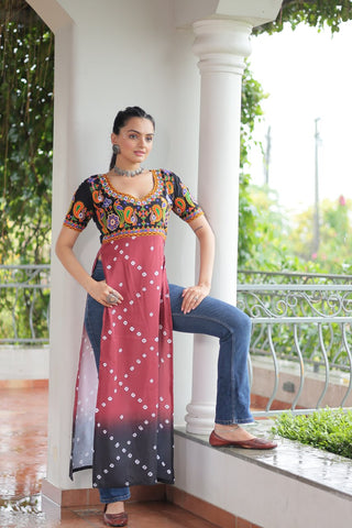 Black & Pink shade Navratri Special Printed Rayon Kurti with Kutchi Gamthi Embroidery & Pan Neck ClothsVilla