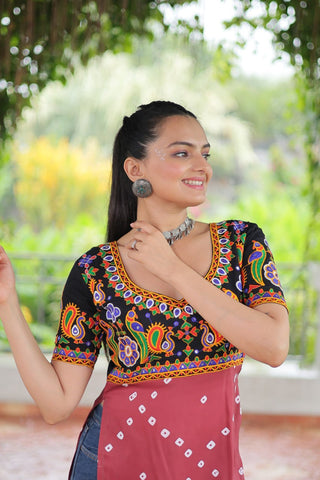 Black & Pink shade Navratri Special Printed Rayon Kurti with Kutchi Gamthi Embroidery & Pan Neck ClothsVilla