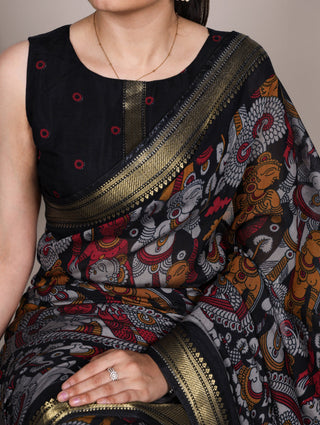 Black Polyester Kalamkari Print Saree ClothsVilla