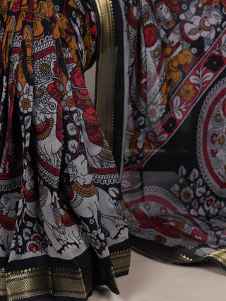 Black Polyester Kalamkari Print Saree ClothsVilla