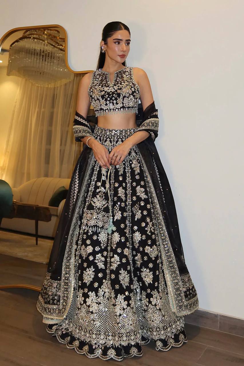 Black Premium Chinon Silk Lehenga Set ClothsVilla