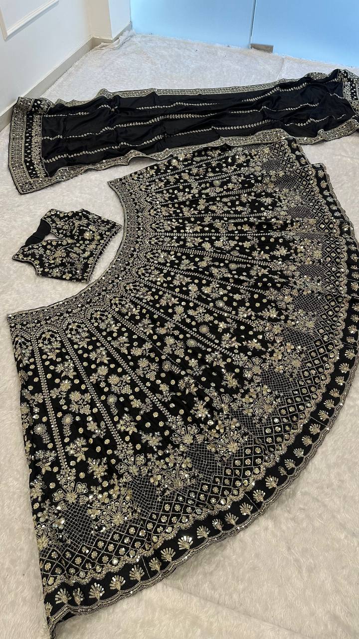 Black Premium Chinon Silk Lehenga Set ClothsVilla
