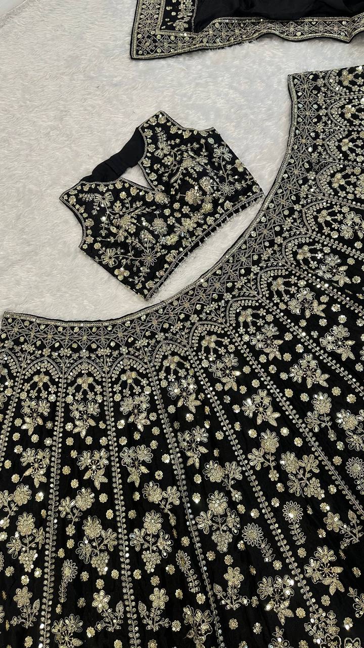 Black Premium Chinon Silk Lehenga Set ClothsVilla