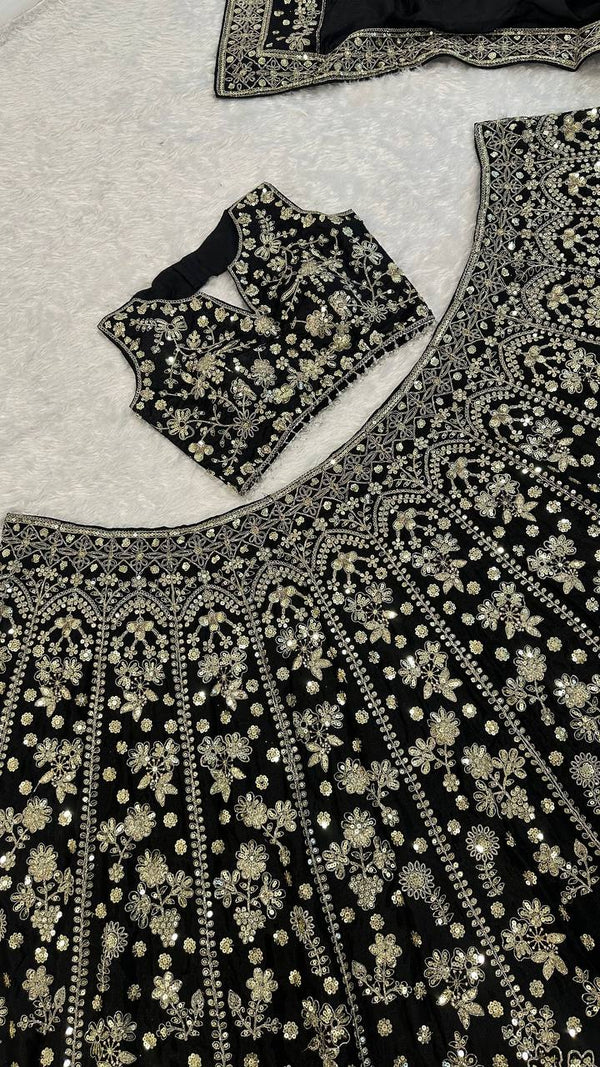 Black Premium Chinon Silk Lehenga Set ClothsVilla