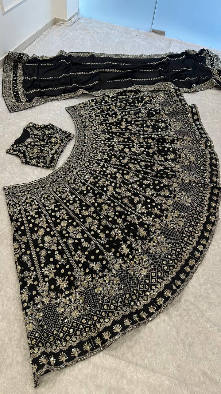 Black Premium Chinon Silk Lehenga Set ClothsVilla