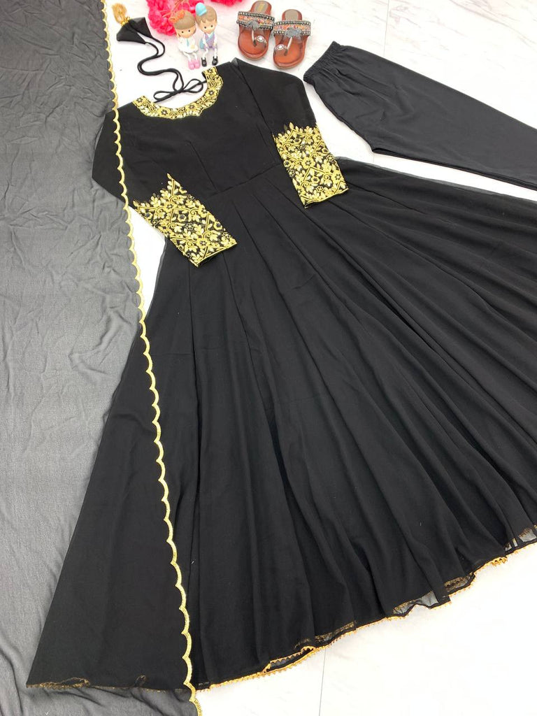 Black Premium Designer Party Wear Anarkali Gown, Dupatta & Bottom Set Clothsvilla