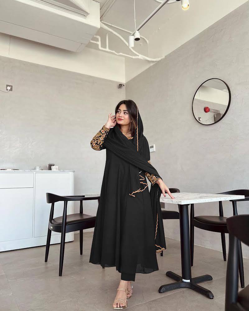 Black Premium Designer Party Wear Anarkali Gown, Dupatta & Bottom Set Clothsvilla Main image