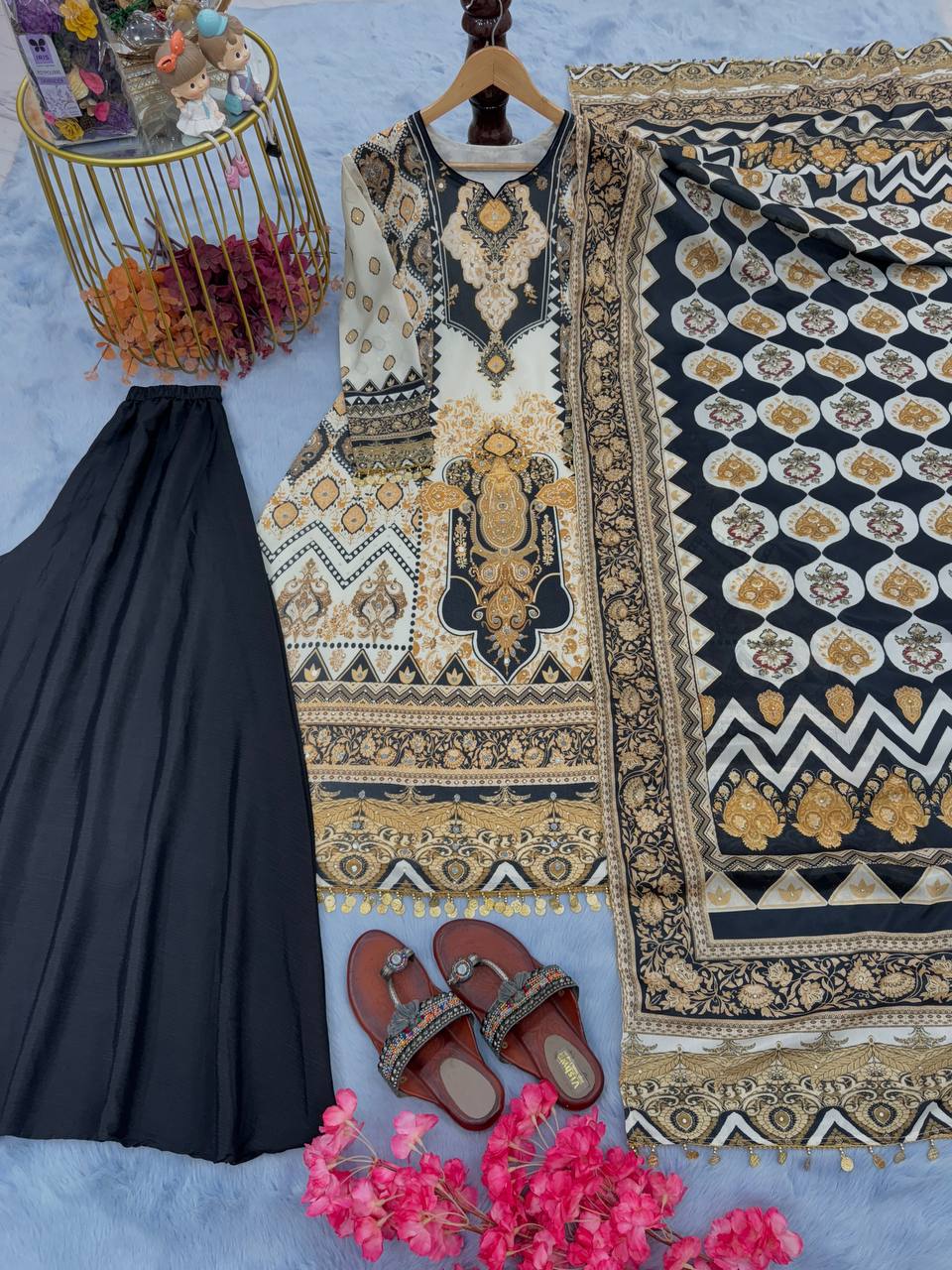 Black Premium Designer Party Wear Chinon Silk Top, Palazzo & Dupatta Set ClothsVilla Main image