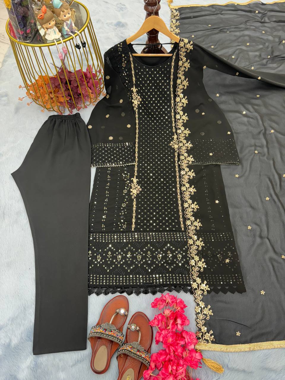 Black Premium Designer Party Wear Faux Georgette Top, Bottom & Dupatta Set Clothsvilla Main image