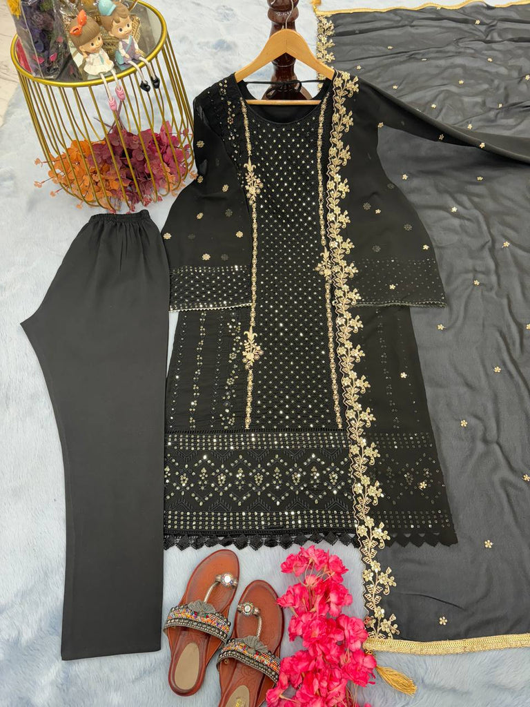 Black Premium Designer Party Wear Faux Georgette Top, Bottom & Dupatta Set Clothsvilla