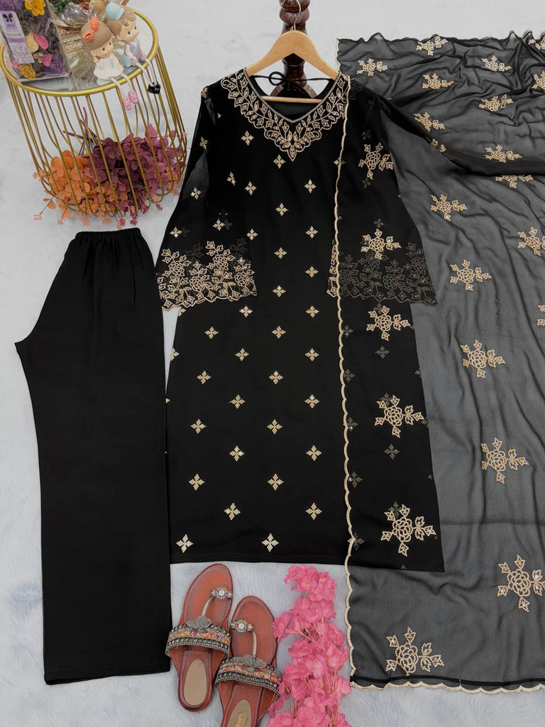 Black Premium Designer Party Wear Faux Georgette Top, Bottom & Dupatta Set Clothsvilla