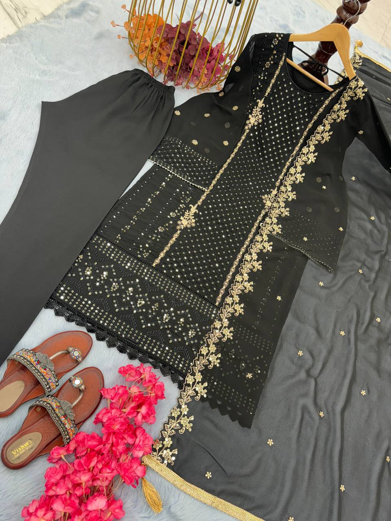 Black Premium Designer Party Wear Faux Georgette Top, Bottom & Dupatta Set Clothsvilla