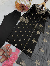 Load image into Gallery viewer, Black Premium Designer Party Wear Faux Georgette Top, Bottom &amp; Dupatta Set Clothsvilla