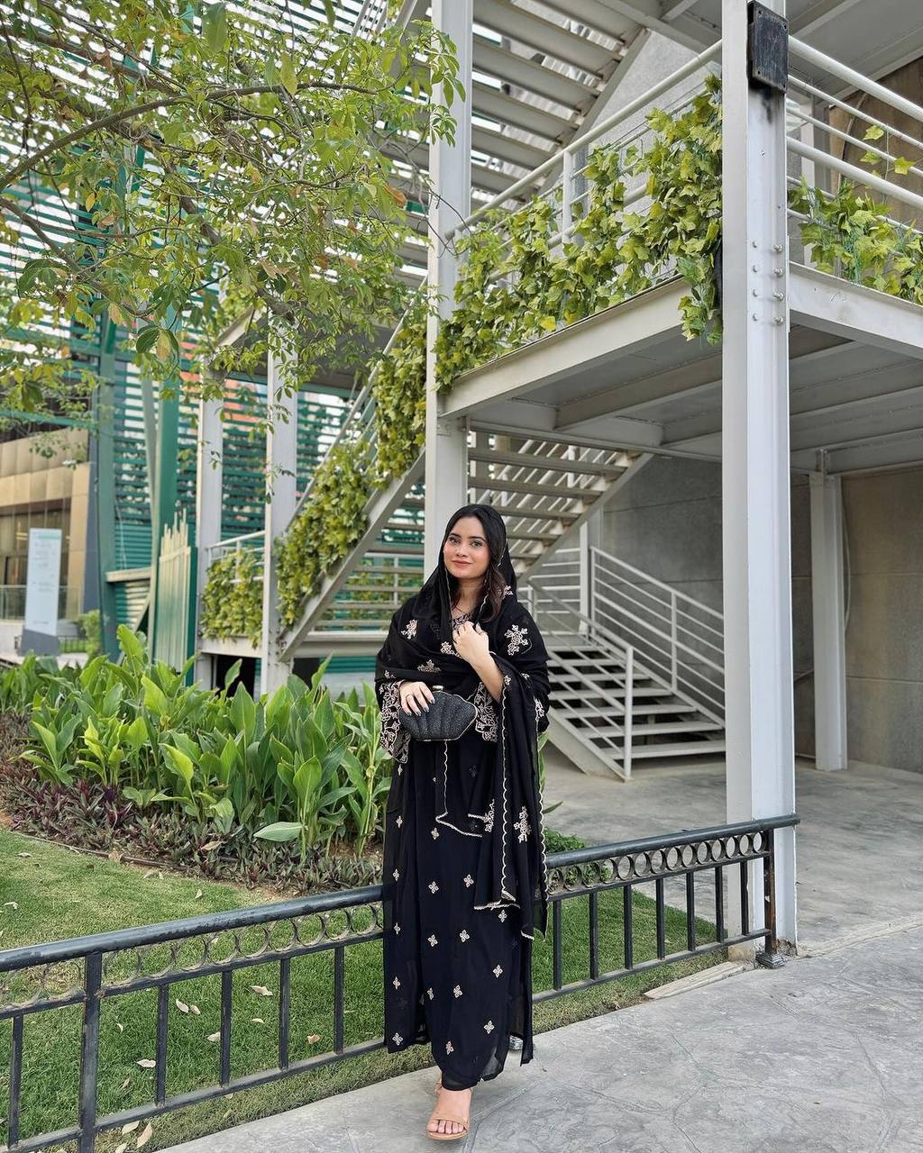 Black Premium Designer Party Wear Faux Georgette Top, Bottom & Dupatta Set Clothsvilla Main image